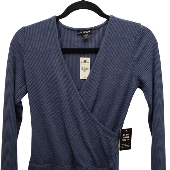 EXPRESS Women's Ribbed Faux Wrap Thong Bodysuit Blue Diamond XS NWT - Picture 2 of 4